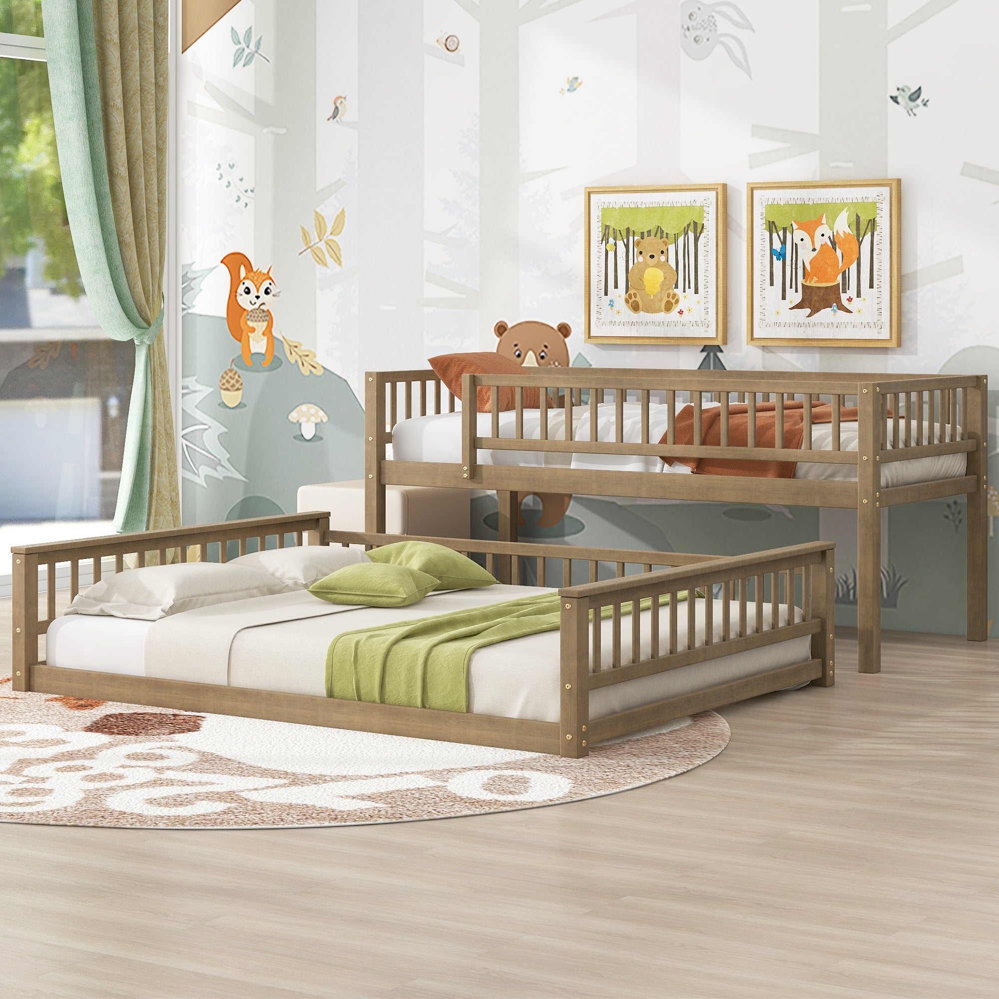 Twin XL Over Queen Bunk Bed with Ladder and Guardrails