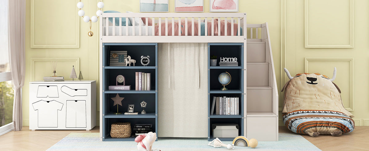 Full Size Loft Bed with 2 Four-layer Storage Cabinets and Curtain