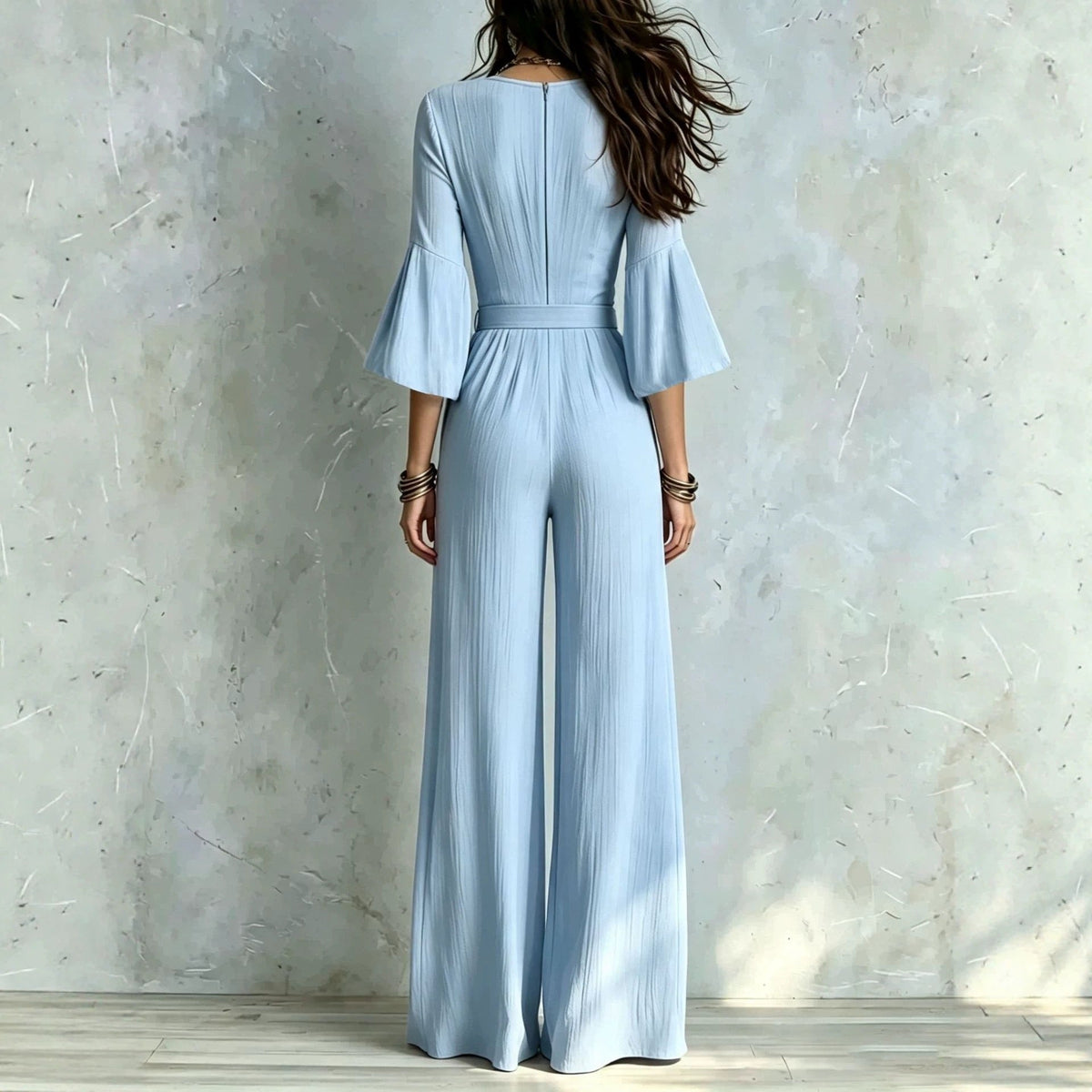Deep V-neck Jumpsuit With Bubble Sleeves And Wide-leg Pants
