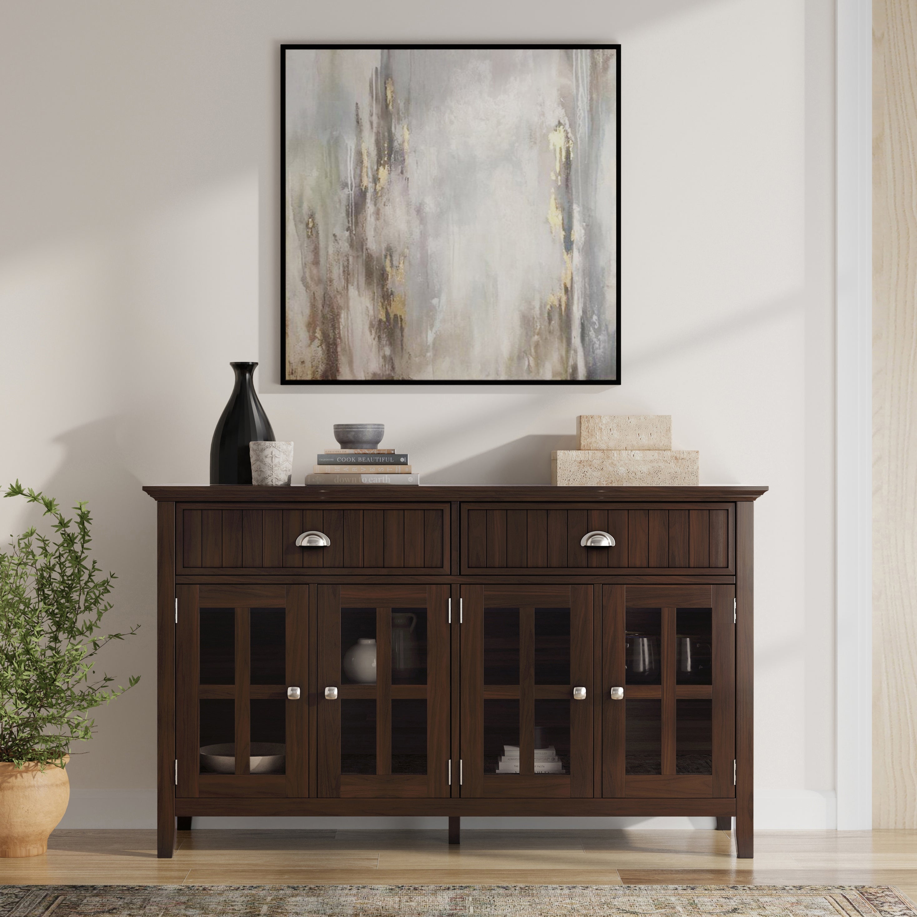 Acadian 60 Inch Wide Solid Wood Large Sideboard Buffet in Brunette