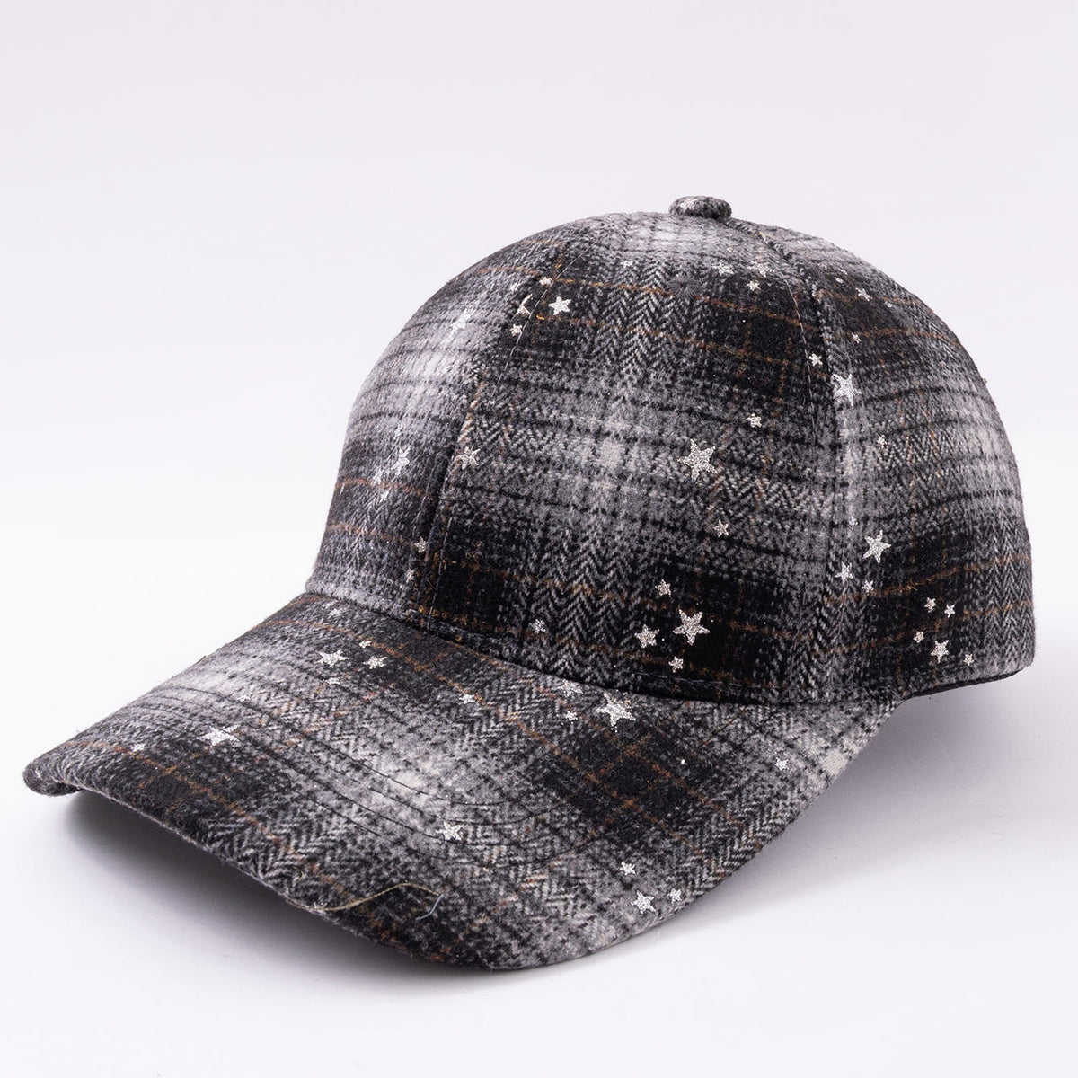 Wool Check Pattern Silver Glitter Star Embossed Baseball Cap, Retro And Fashionable, Soft Beanie Hat, Suitable For Outdoor Outings And Casual Wear