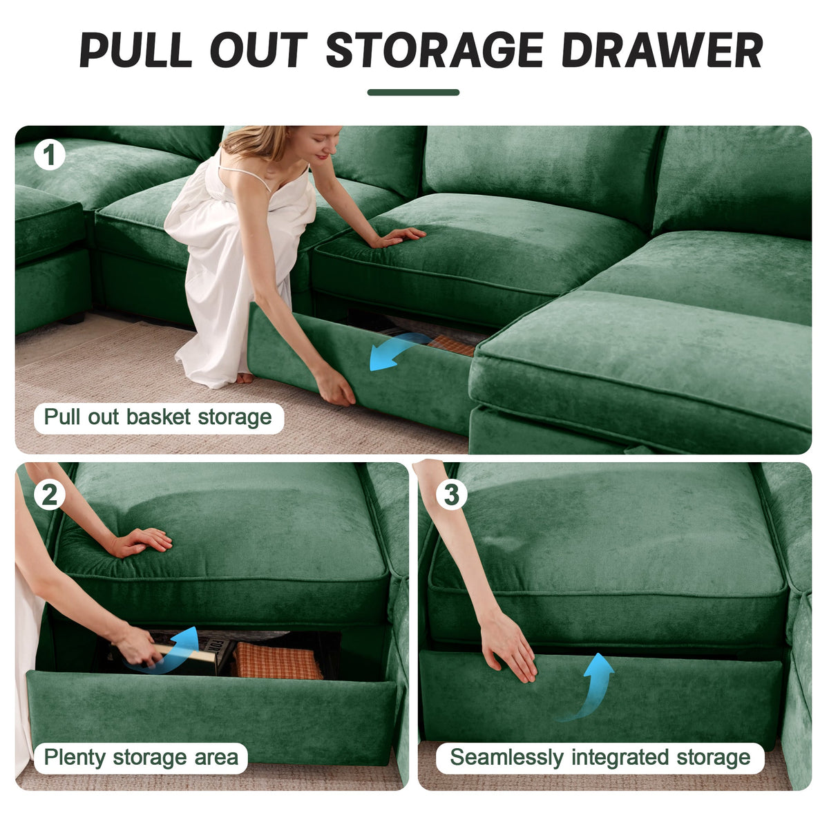 3 Seater Sofa With Storage Pull Out Drawers Under Each Seat