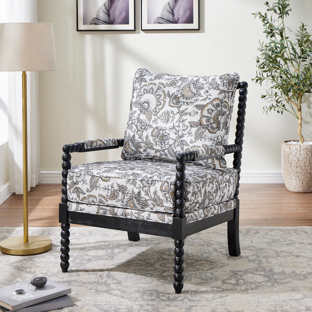 Belvoir Upholstered Spool Accent Chair with Turned Wood Frame, Floral