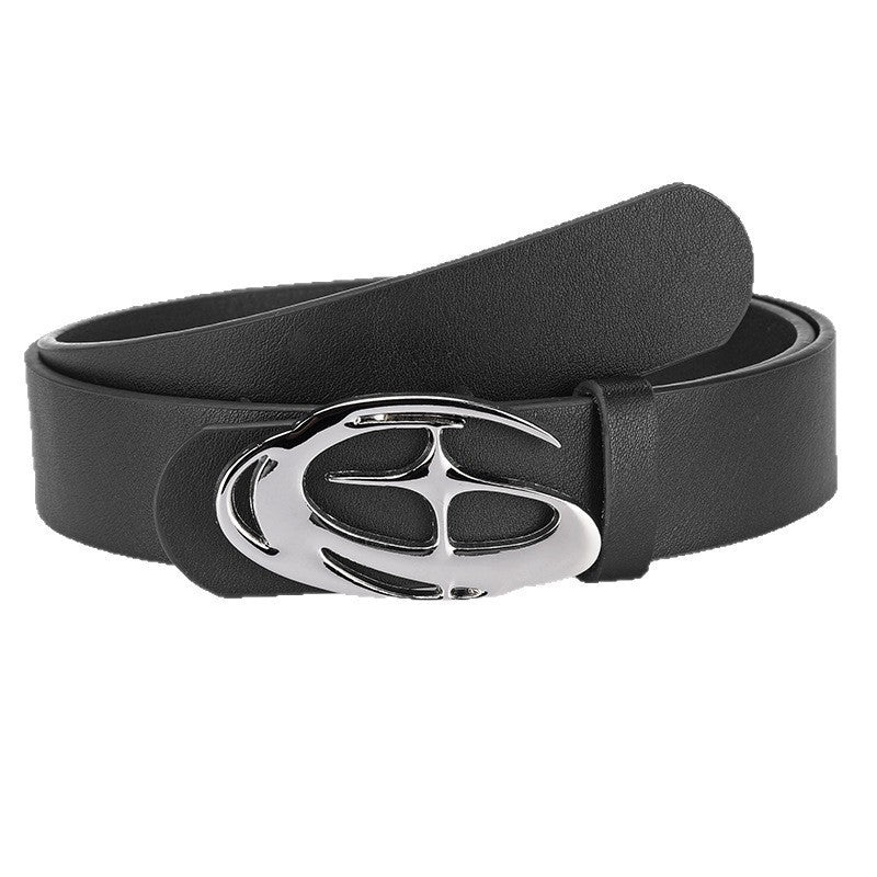 Niche Designerinspired Hollowedout Irregularshaped Buckle Womens Slim Leather Belt