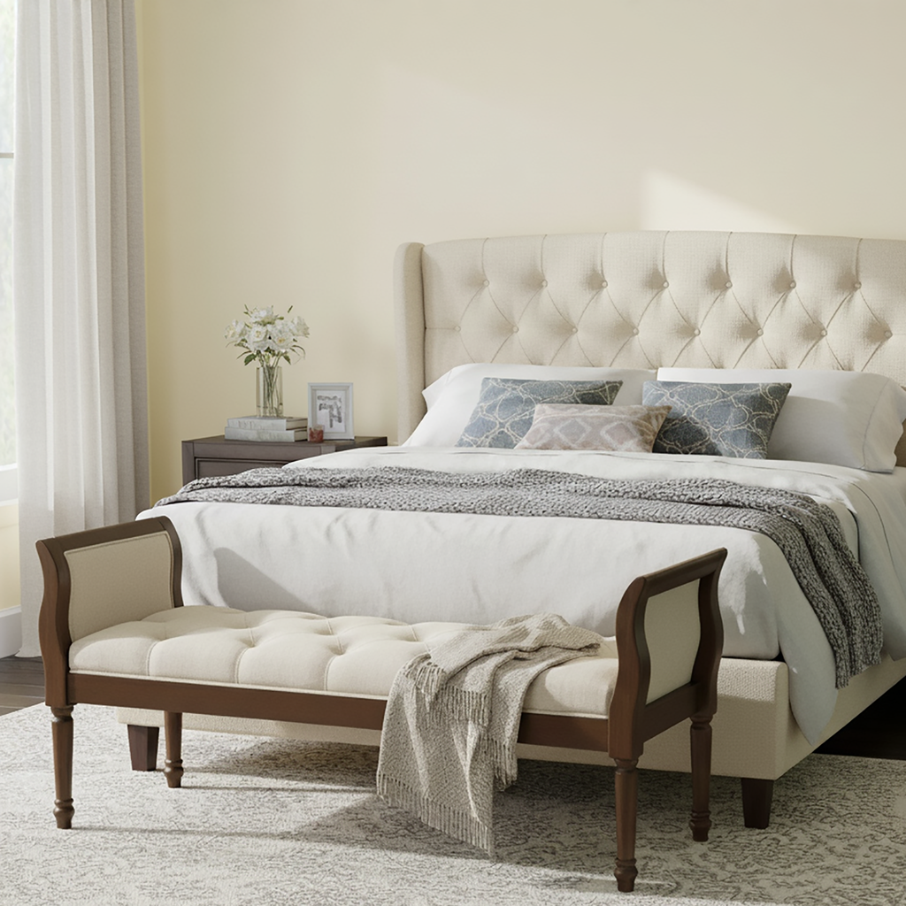 Classic Tufted Upholstered Bench with Curved Arms