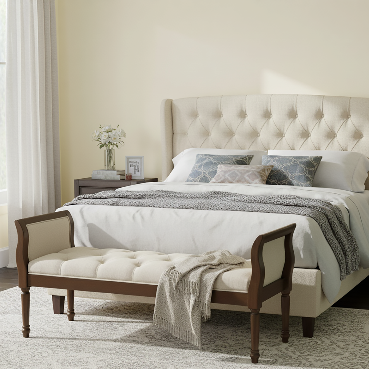 Classic Tufted Upholstered Bench with Curved Arms