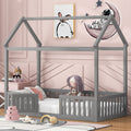 Twin Size Wood House Bed with Fence and Door - Gray