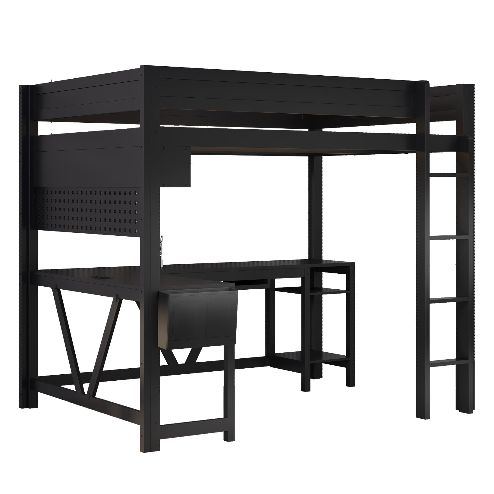 Wood Full Size Gaming Loft Bed with Desk, Storage Shelves, LED and Charging Station