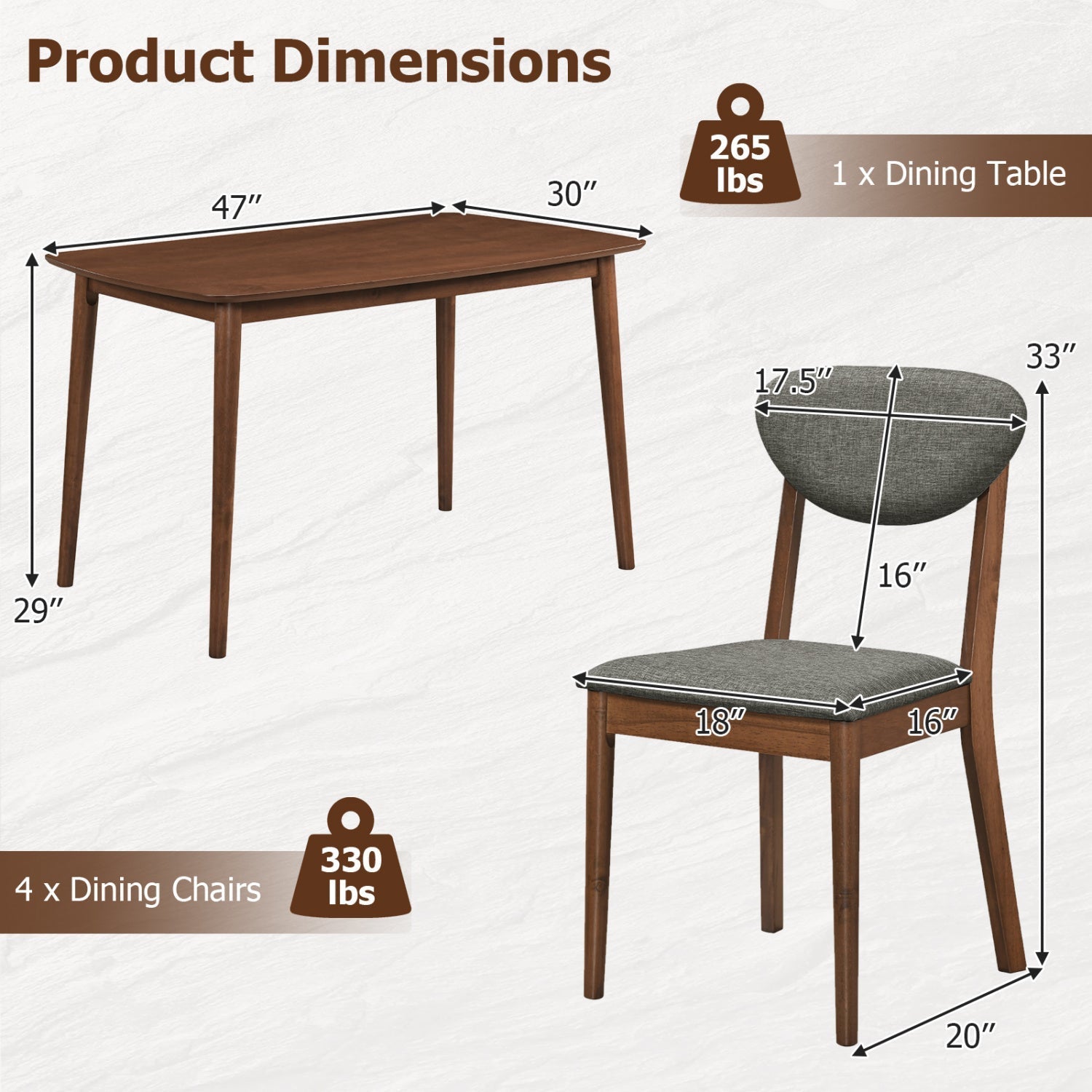 5-Piece Dining Set with Rectangular Table & 4 Fabric Chairs