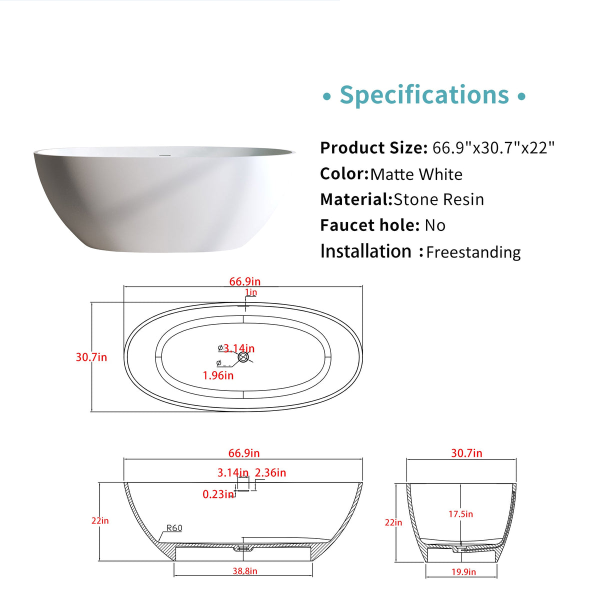 66.9″ Solid Surface Matte Soaking Tub