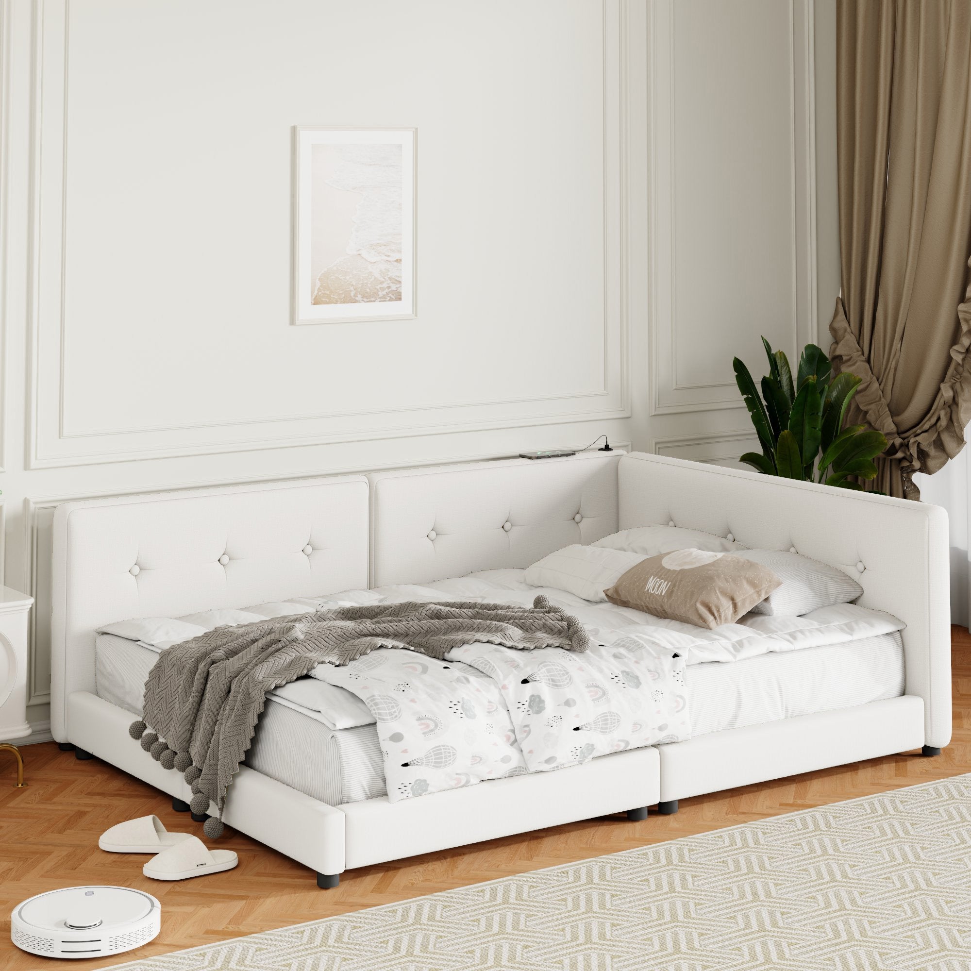 Upholstered Queen Size Platform Bed with USB Ports