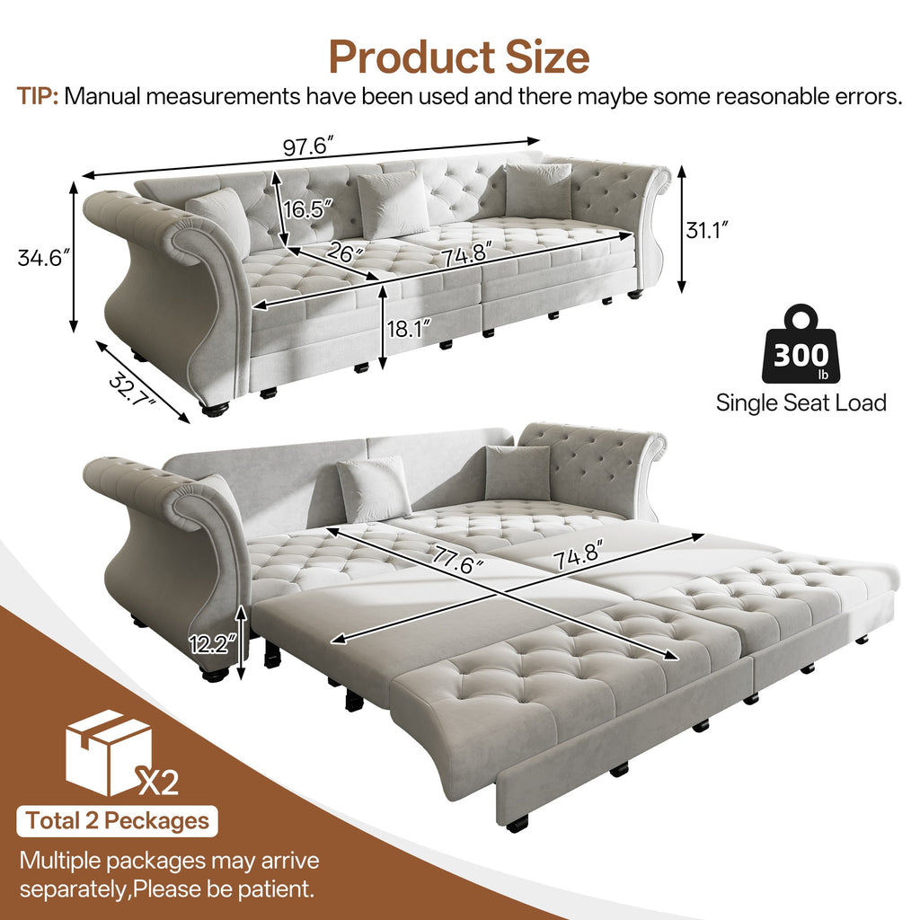 97.6" Oversized Chesterfield Pull Out Sofa Bed