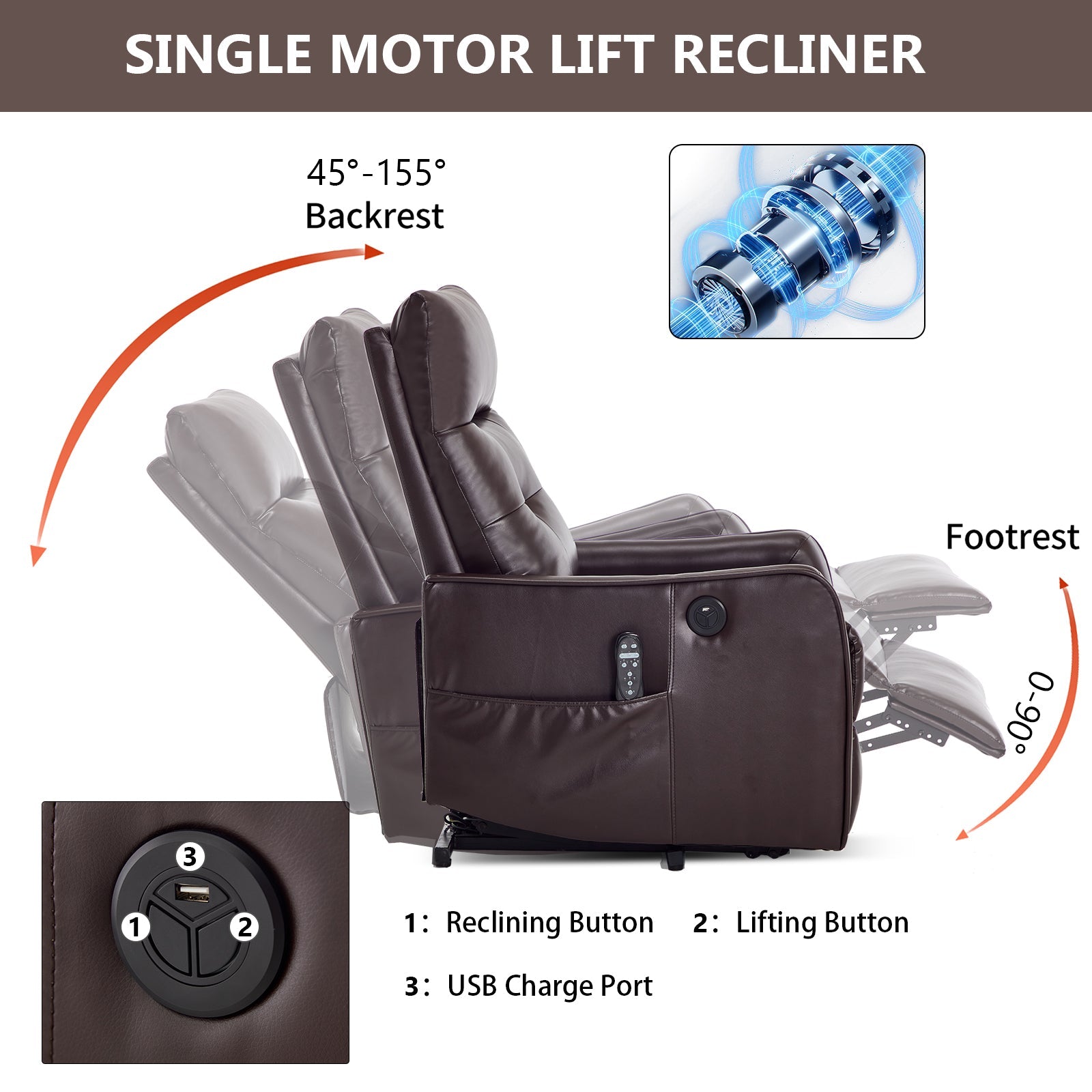 Brown PU Single Motor Power Lift Recliner Chair