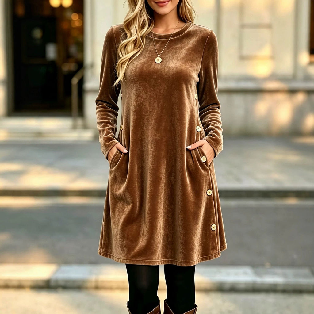Womens Solid-color Velvet Long-sleeve Dress With Buttons