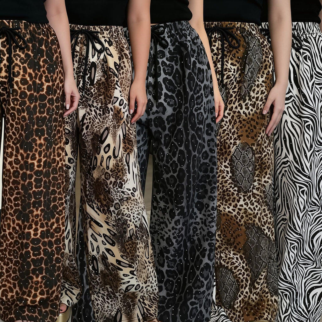 C7768 Cross-border 2026 New Women's Fashion Rhinestone Drawstring Loose Wide-Leg Pants Vintage Animal Print Casual Trousers