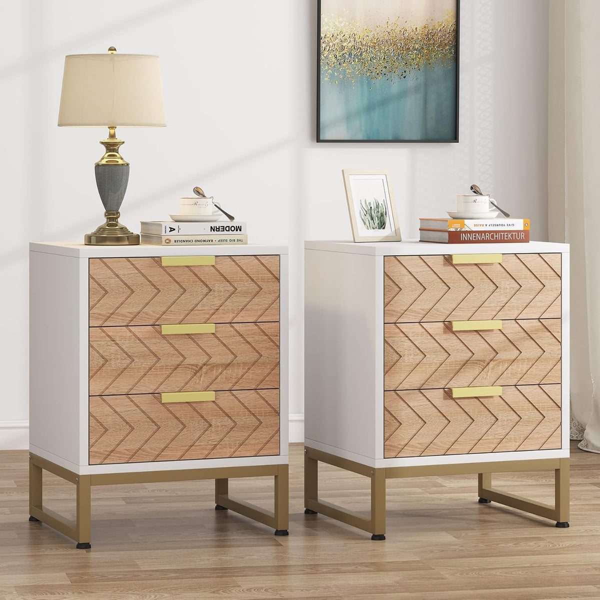 Set of 2 Modern Nightstands with 3 Drawers