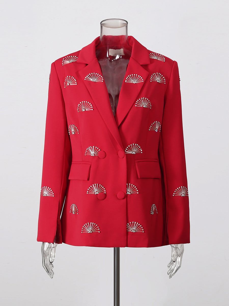 Rhinestone Fan Motif Double Breasted Notched Lapel Tailored Blazer Jacket