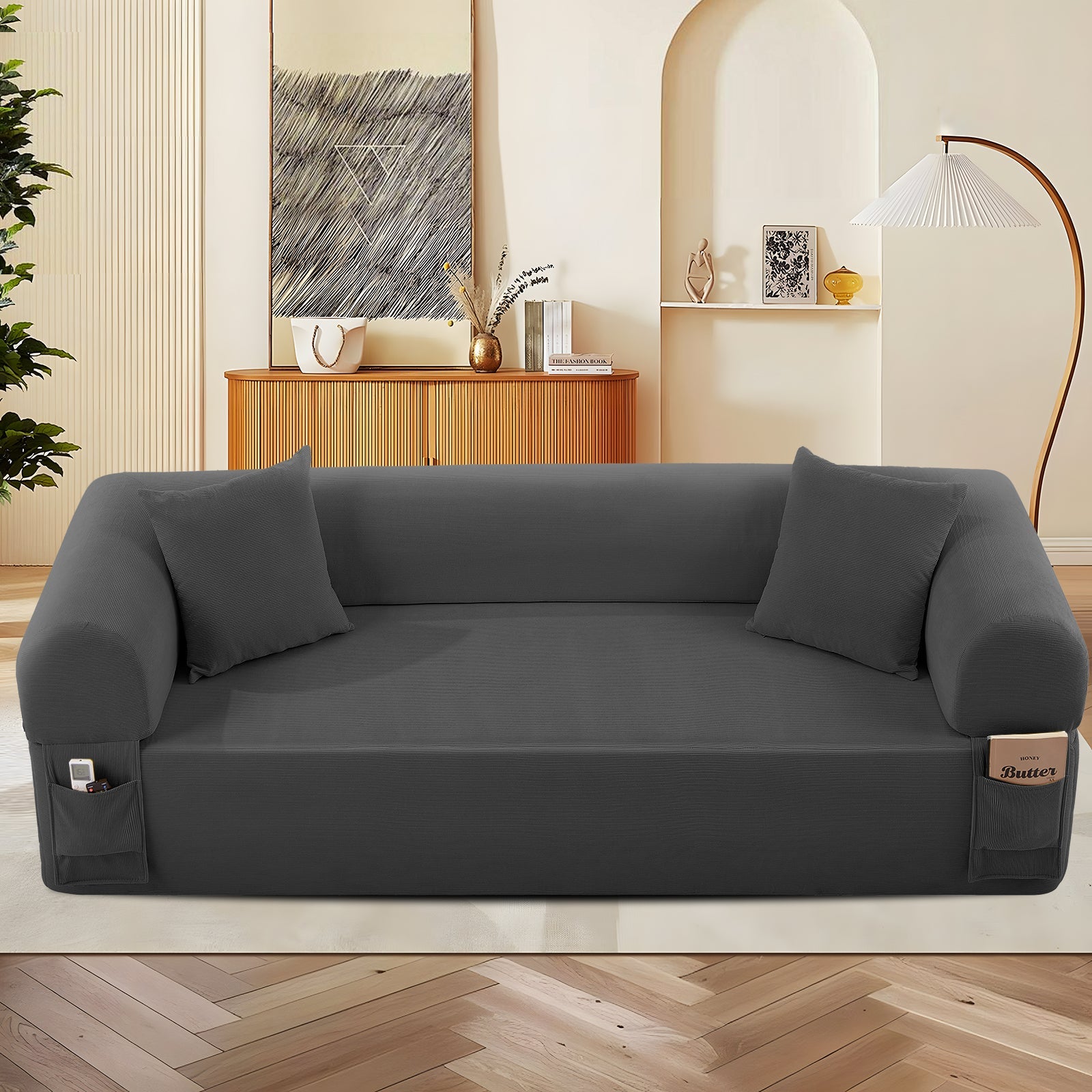 Spring Sofa with High-Quality Fabric, Pillows & Storage