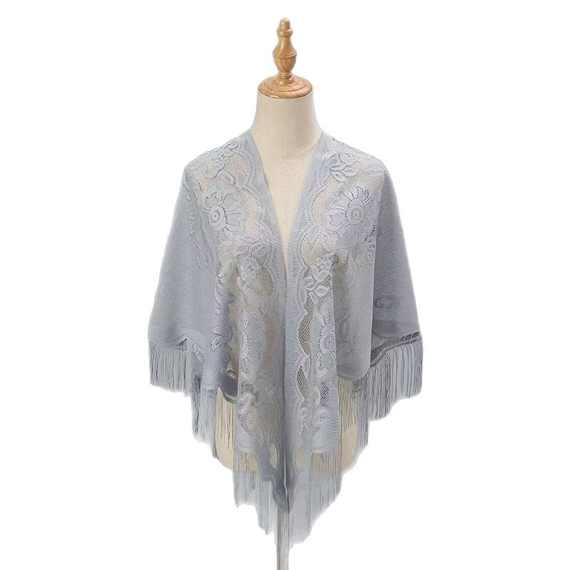 Womens Breathable Lace Triangle Shawl With Floral Design