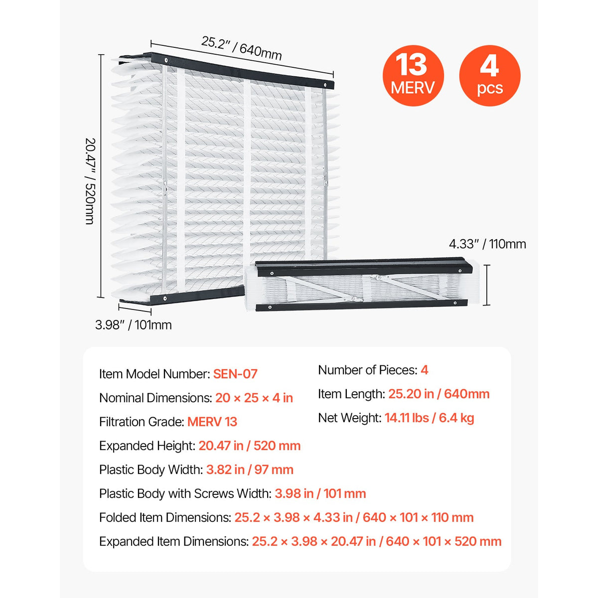 Air Filters MERV 13 Electrostatic Pleated HVAC Furnace Filter 4-Pack