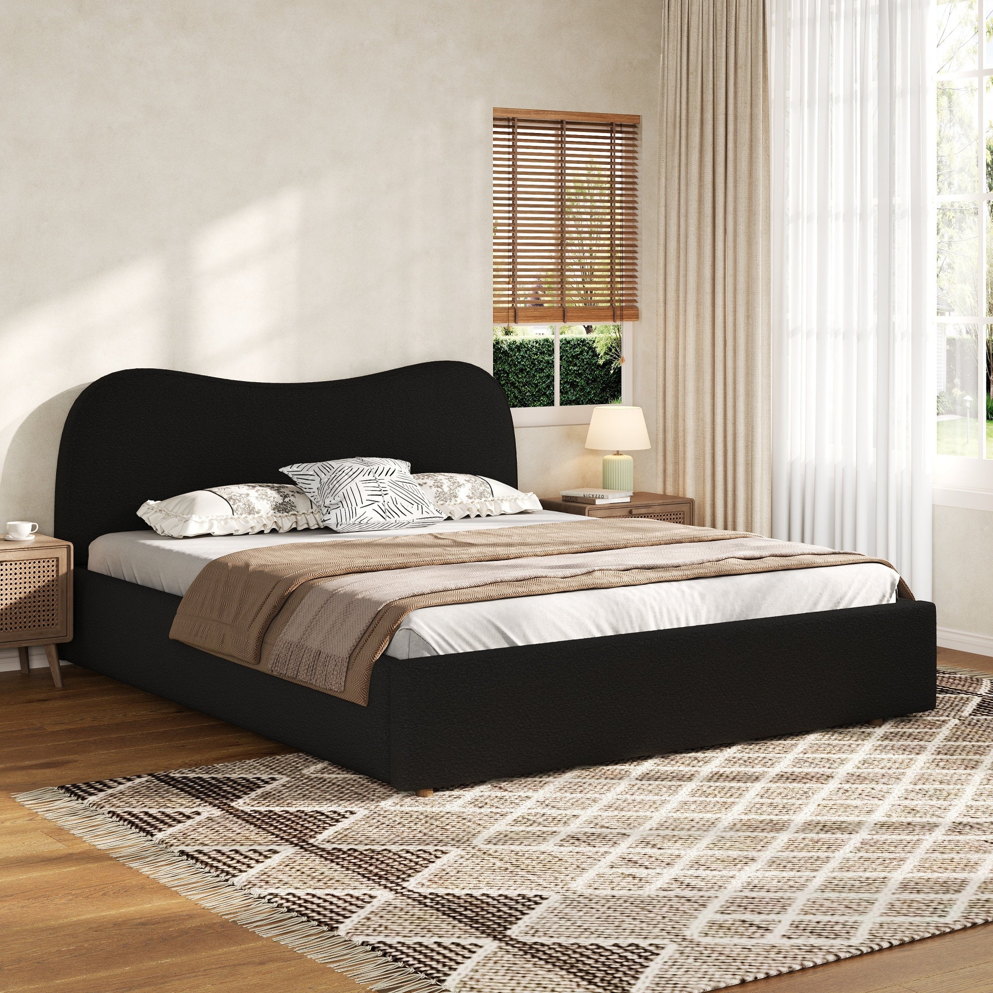 King Size Upholstered Platform Bed with Wooden Slats