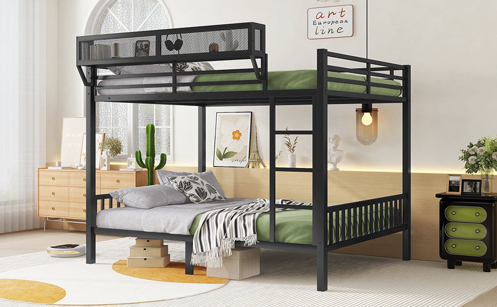Queen Over Queen Metal Bunk Bed with Ladder and Storage Shelf