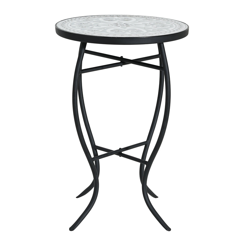 Outdoor Round Side Table with Mosaic-Style Top and Curved Iron Legs