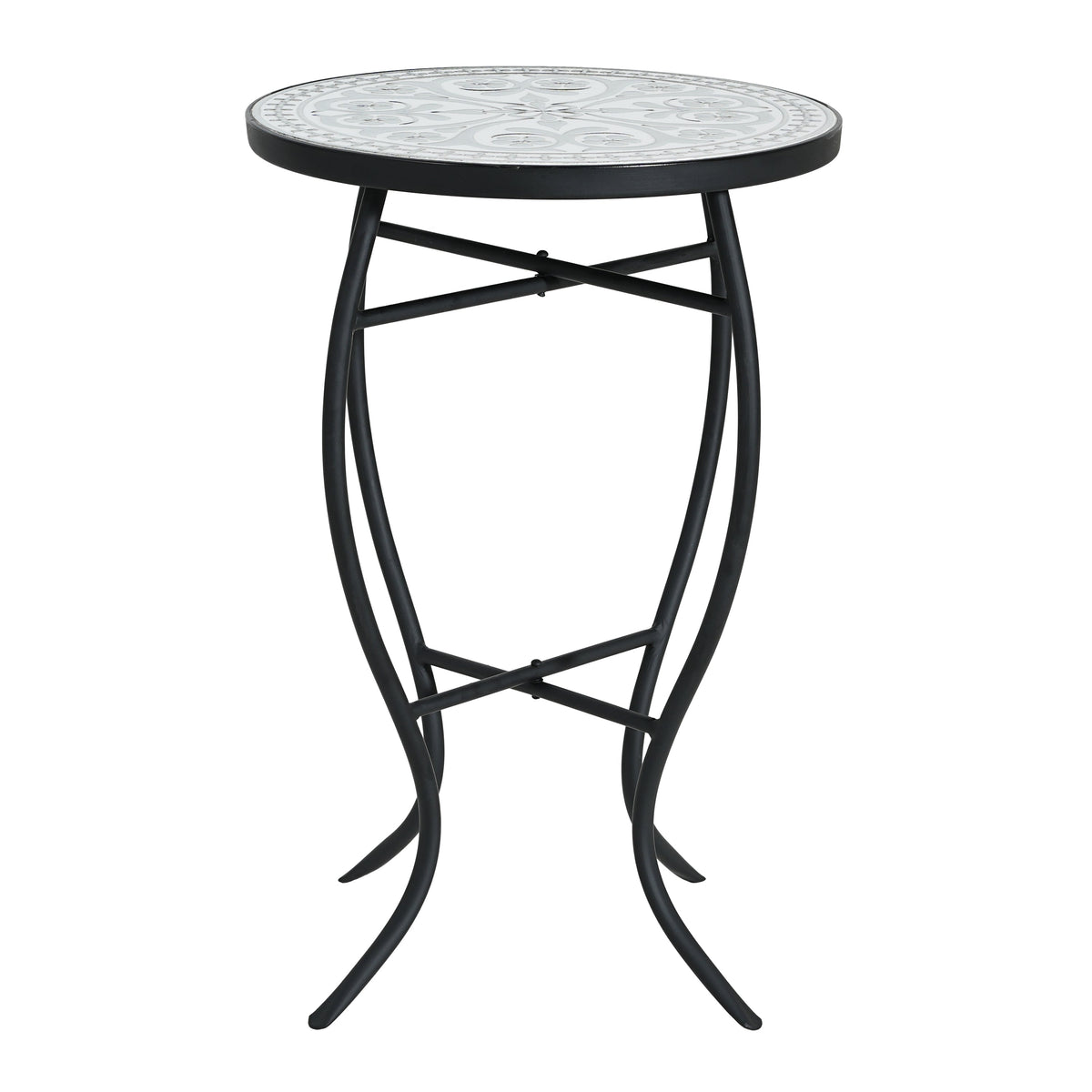 Outdoor Round Side Table with Mosaic-Style Top and Curved Iron Legs