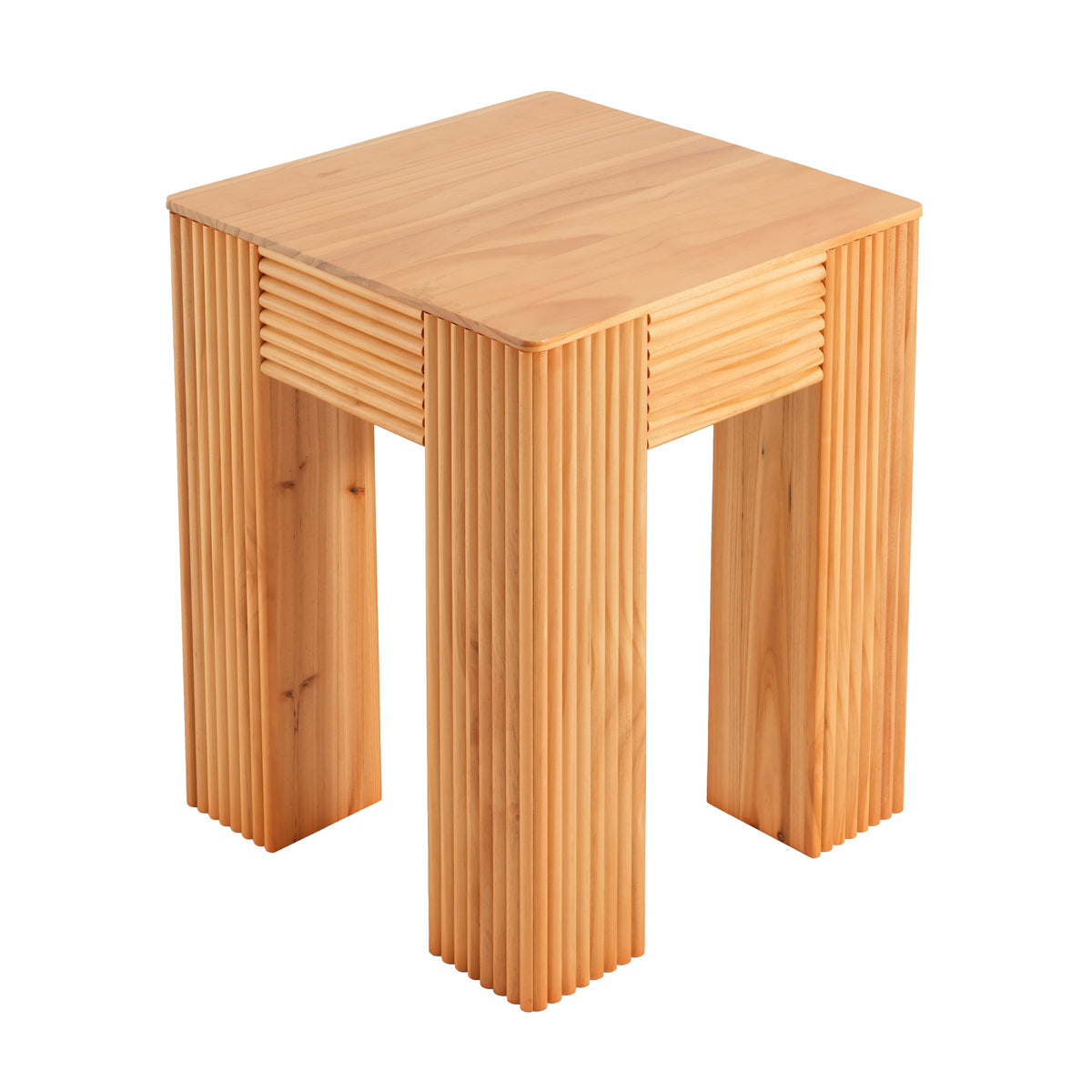 Natural Pine Wood Fluted Side Table with Elephant-Leg Design