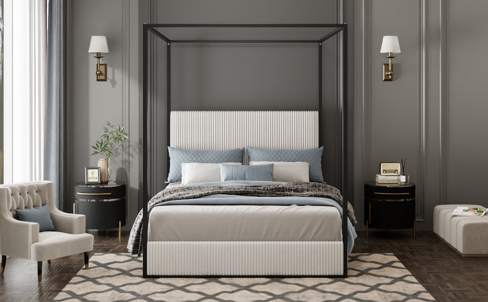 Modern Luxury Metal Canopy Bed with Tall Upholstered Headboard