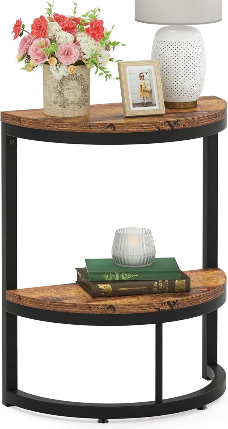 Slim Half Moon 2-Tier Semi-Circle End Table, 19.69" Rustic