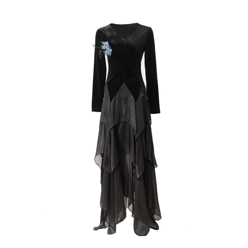 Velvet Smooth V-neck Long-sleeve Patchwork Asymmetrical Hem Maxi Dress