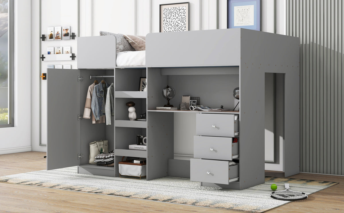 Wood Full Size Loft Bed with Built-in Wardrobe, Desk, Storage Shelves and Drawers