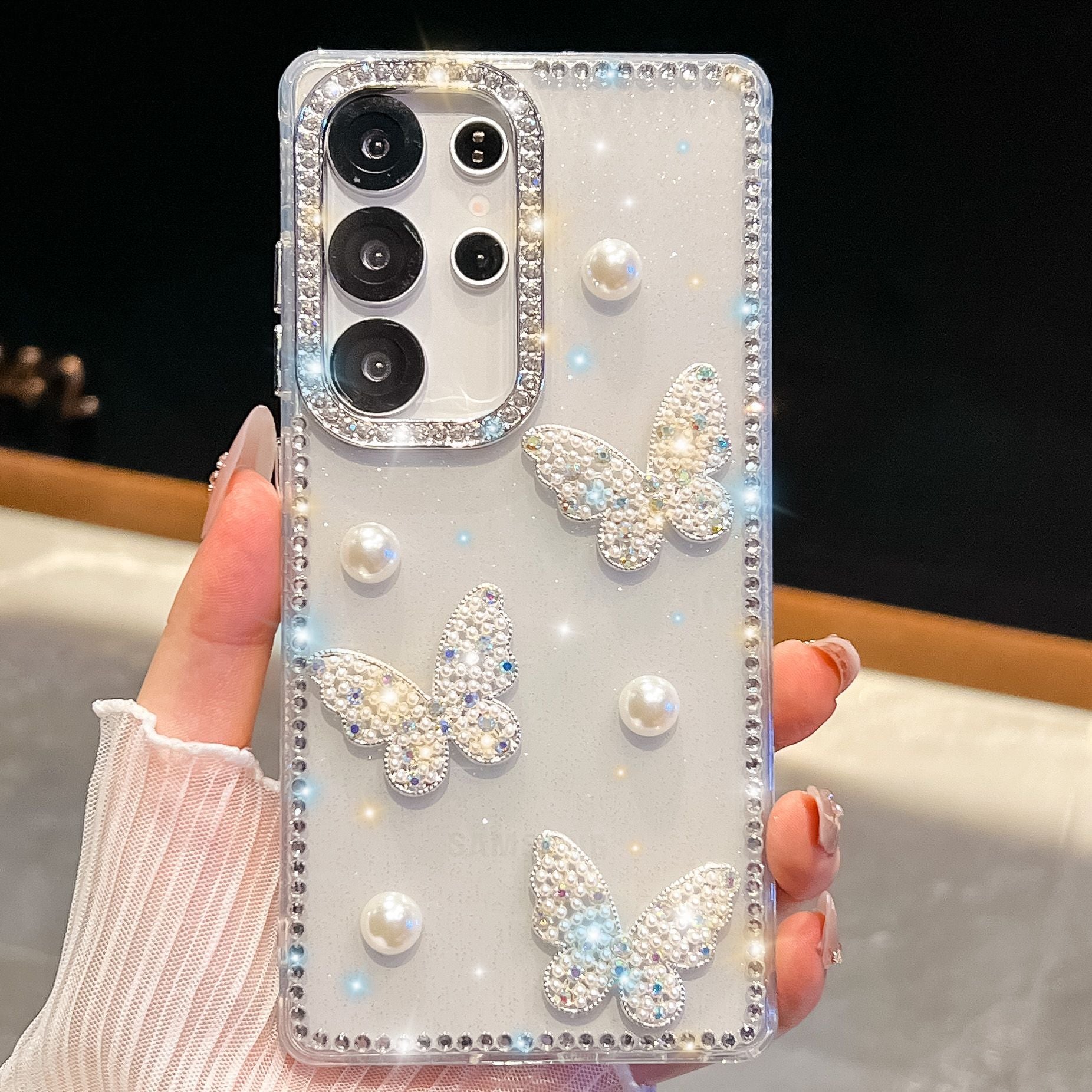 Glitter Powder Pearl Butterfly Style Phone Case With Rhinestones