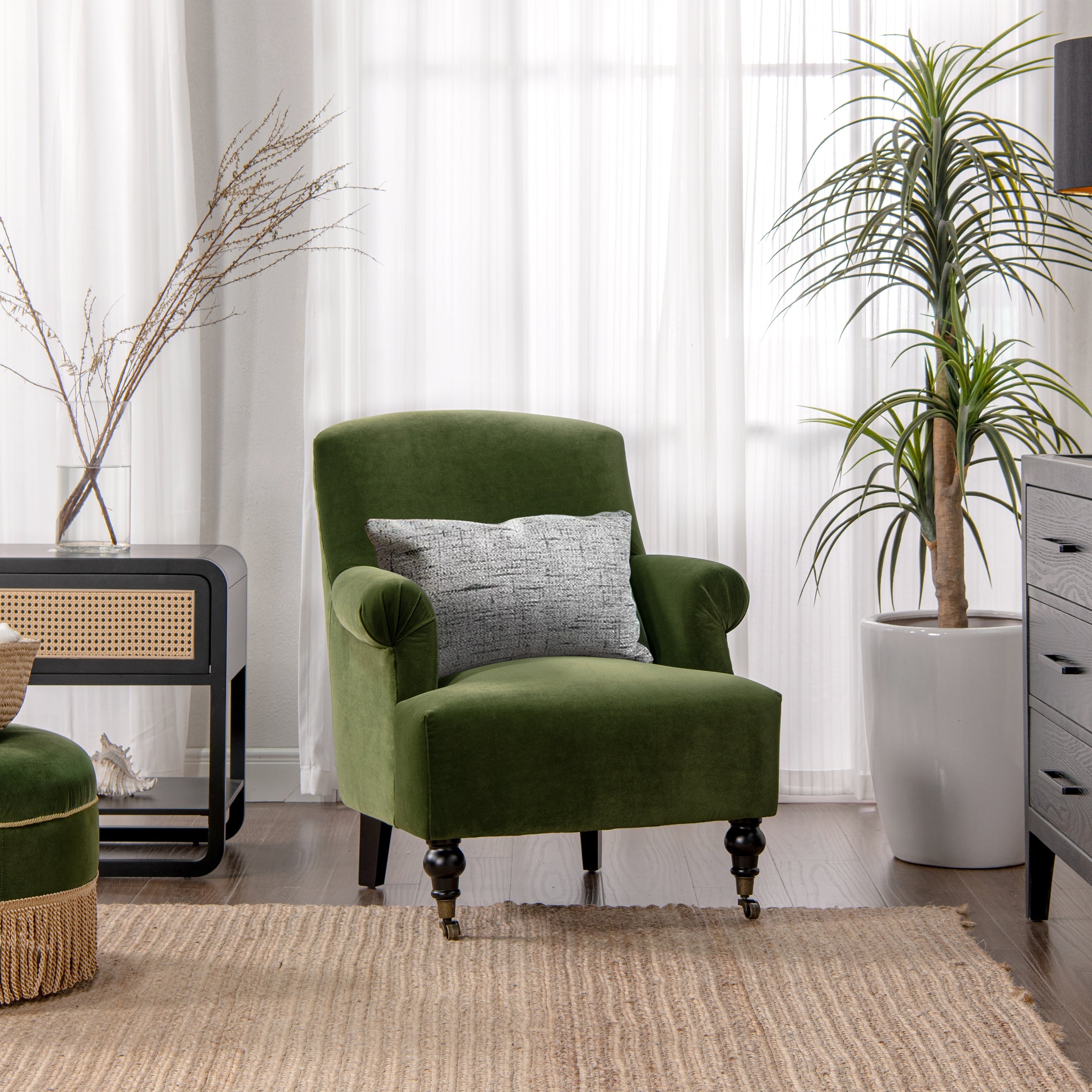 Eloise 30" Pleated Sock Arm Accent Armchair, Olive