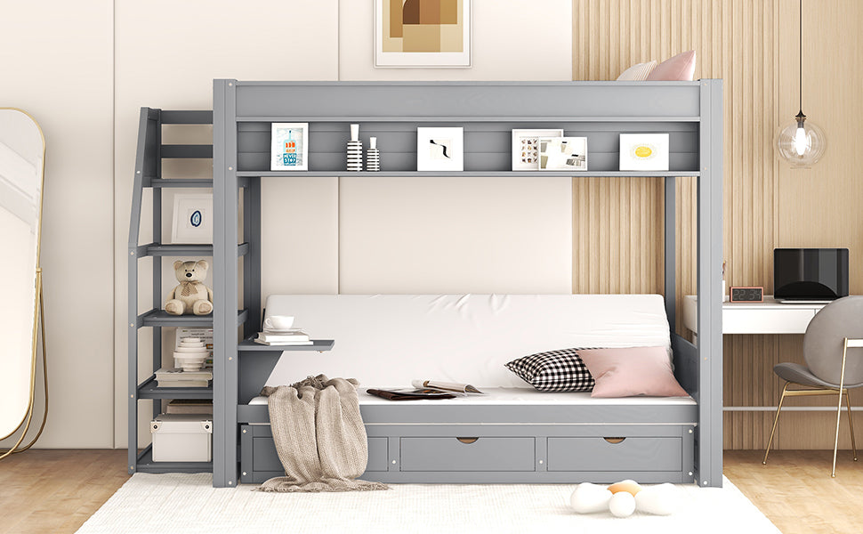Wood Full Size Convertible Bunk Bed with Storage Staircase and Drawers