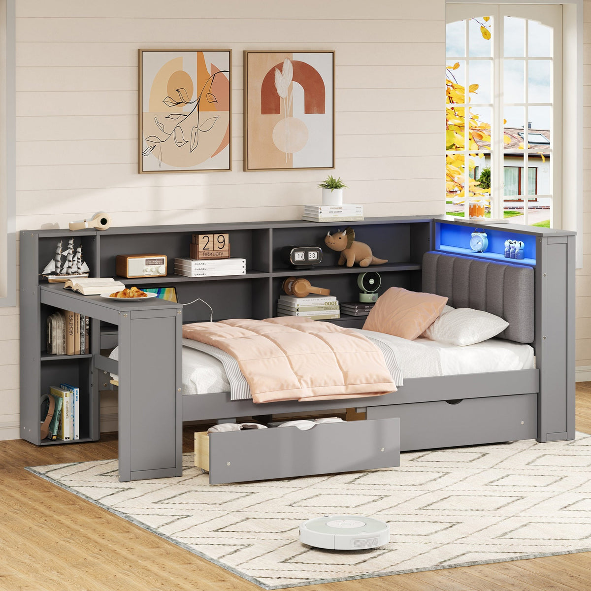 Wood Twin Size Platform Bed with Storage Shelves and Charging Station
