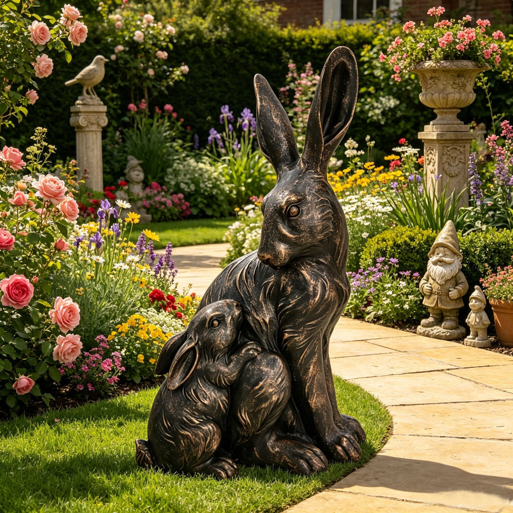 22'' Tall Mother Hare & Baby Cuddling Garden Statue