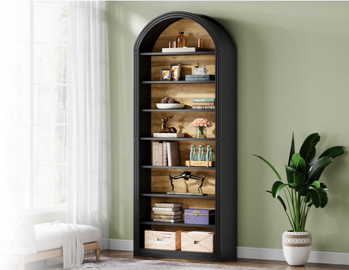 79.53" Tall 8-Tier Black Arched Open Bookshelf