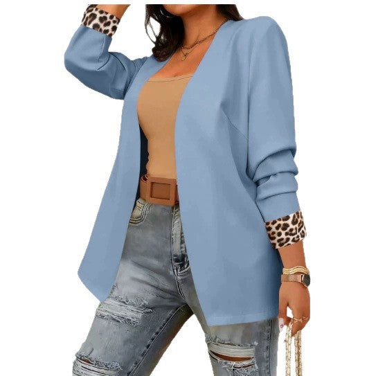 Womens Leopard-Print Patchwork Long-Sleeve Blazer