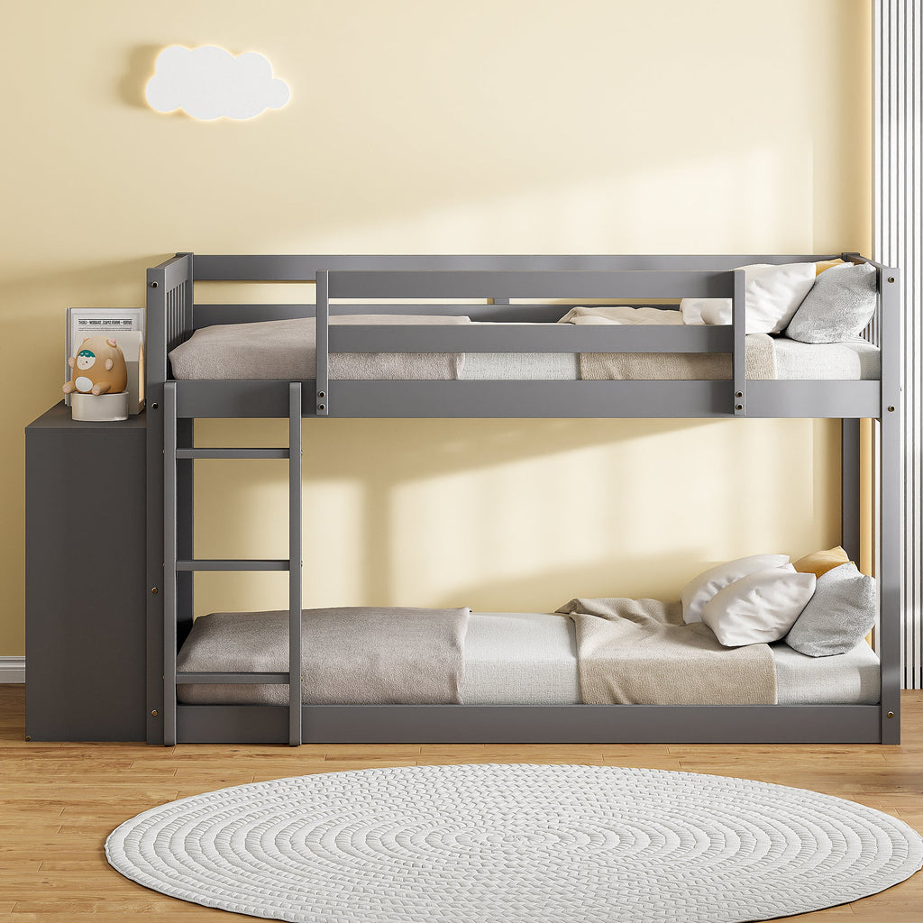 Twin Over Twin Bunk Bed with 4 Drawers and 3 Shelves - Gray