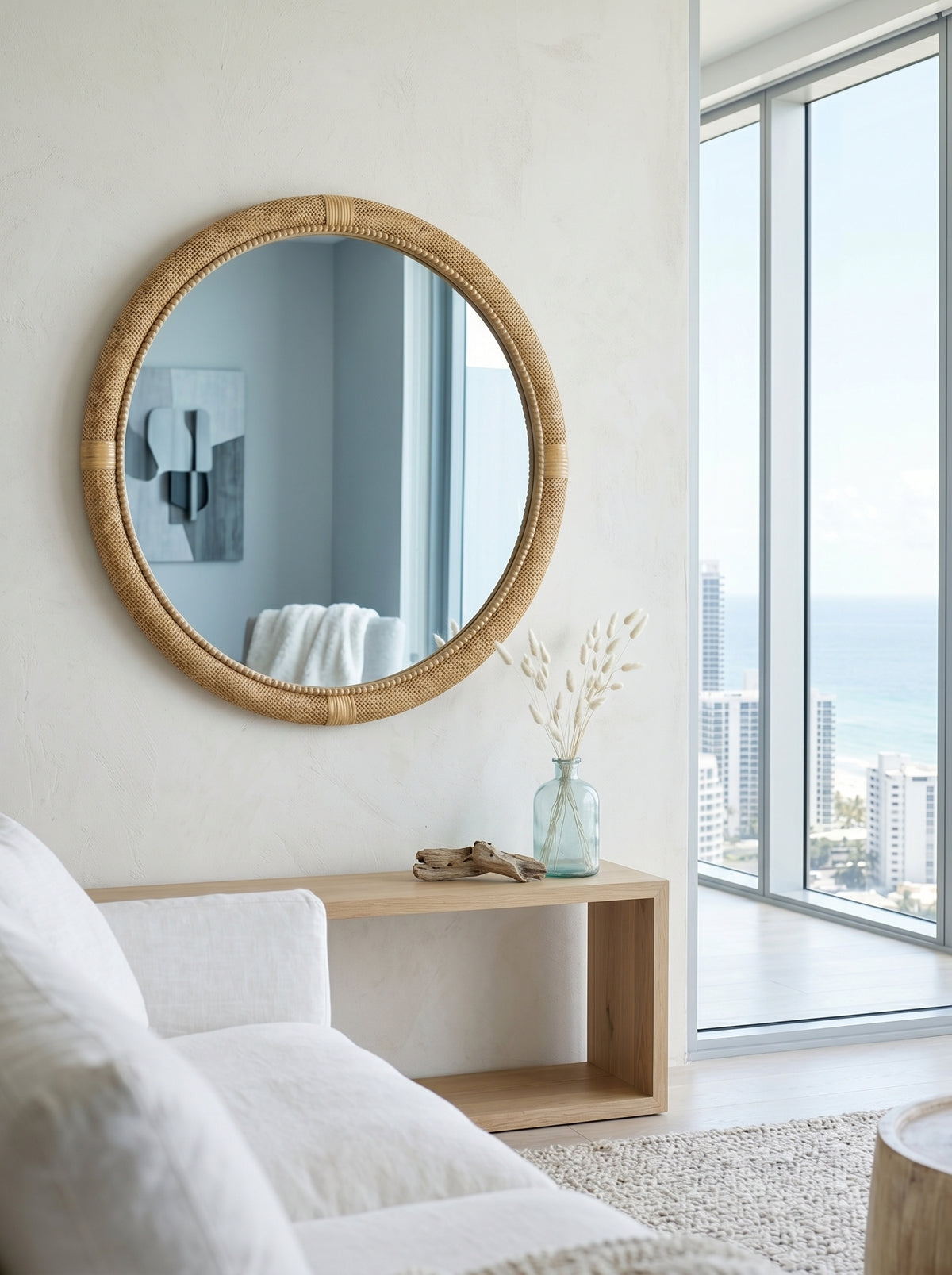 31.9" Woven Rattan Decorative Round Mirror with Wrapped Accents