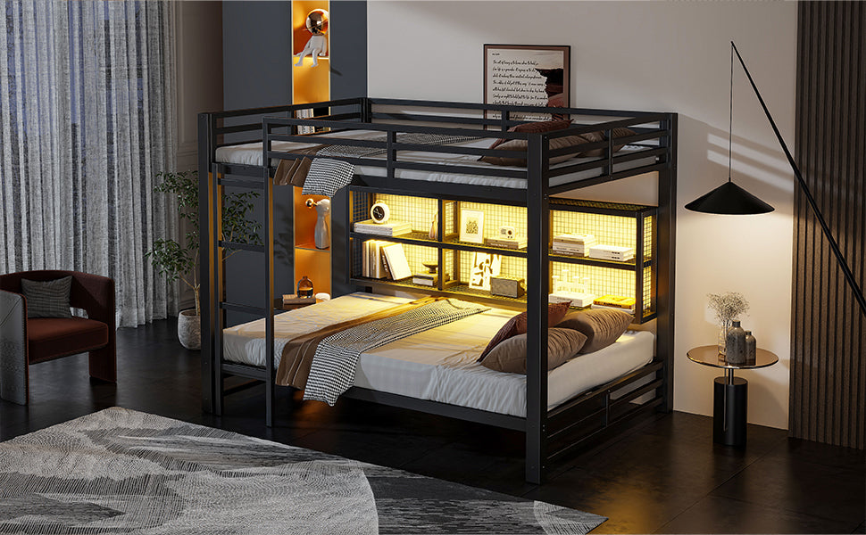 Metal Queen Over Queen Bunk Bed with Storage Cabinets and LED