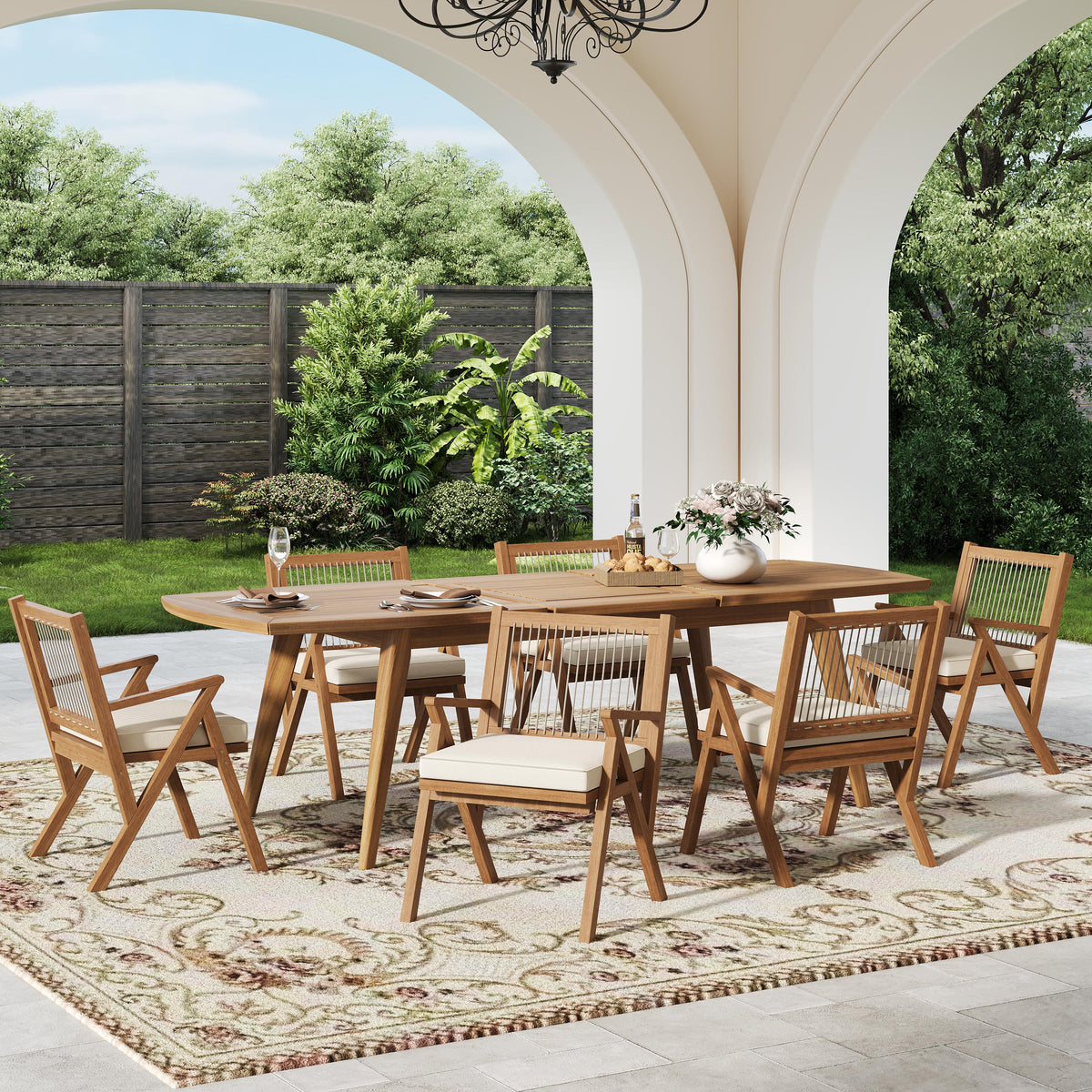 7 Piece Expandable Outdoor Dining Set with Acacia Wood Table and Rope Back Chairs