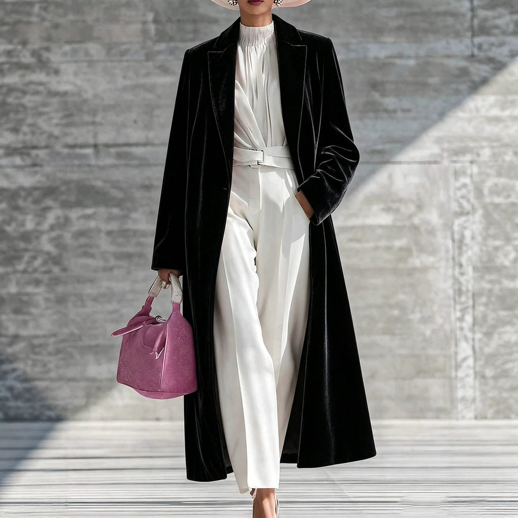 Womens V-neck Over-the-knee Velvet Coat