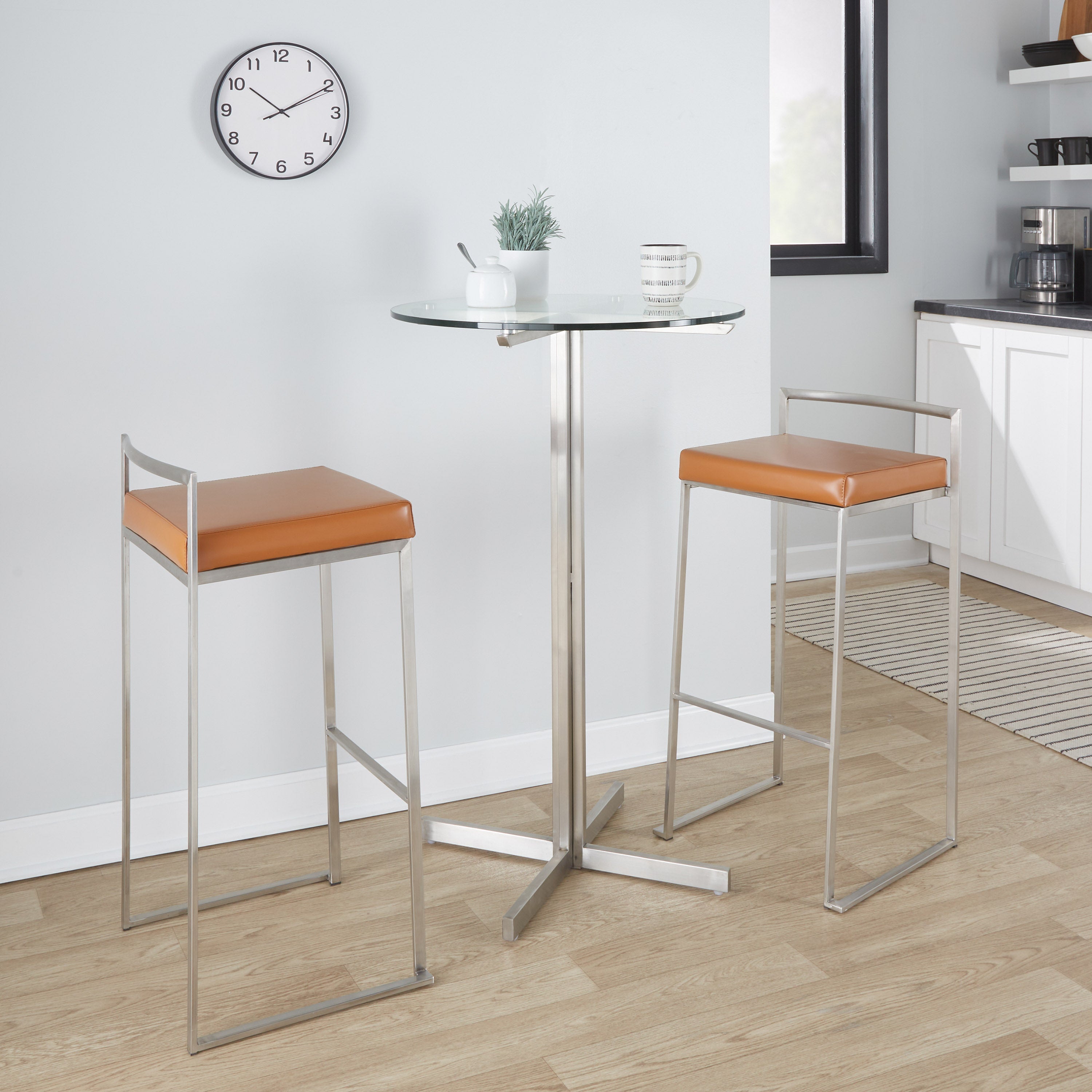 Contemporary Stackable Barstool with Camel Faux Leather - Set of 2
