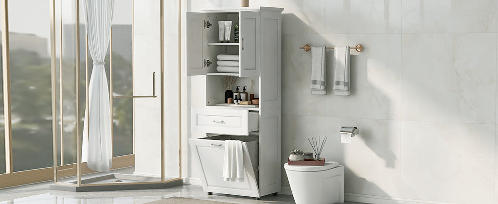 Tall Bathroom Cabinet with Laundry Basket