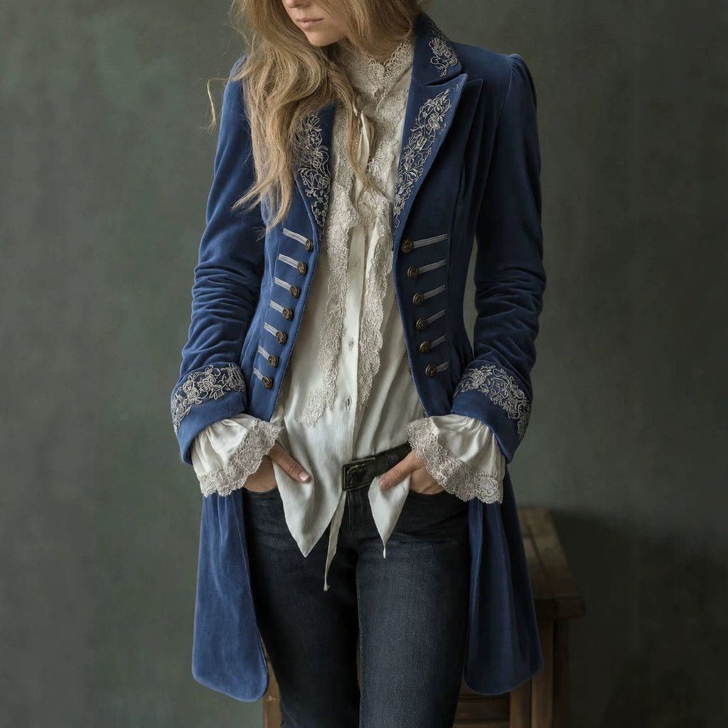 Womens Long-sleeve Solid-color Patchwork Lace Gold-velvet Coat