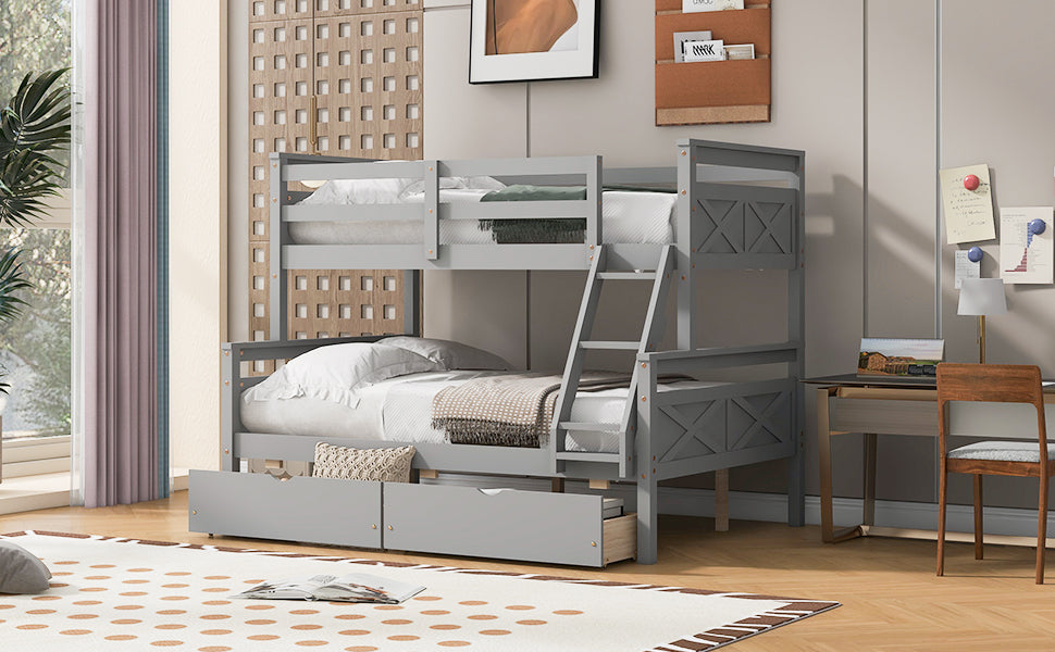 Twin Over Full Bunk Bed with Ladder, Two Storage Drawers, Safety Guardrail