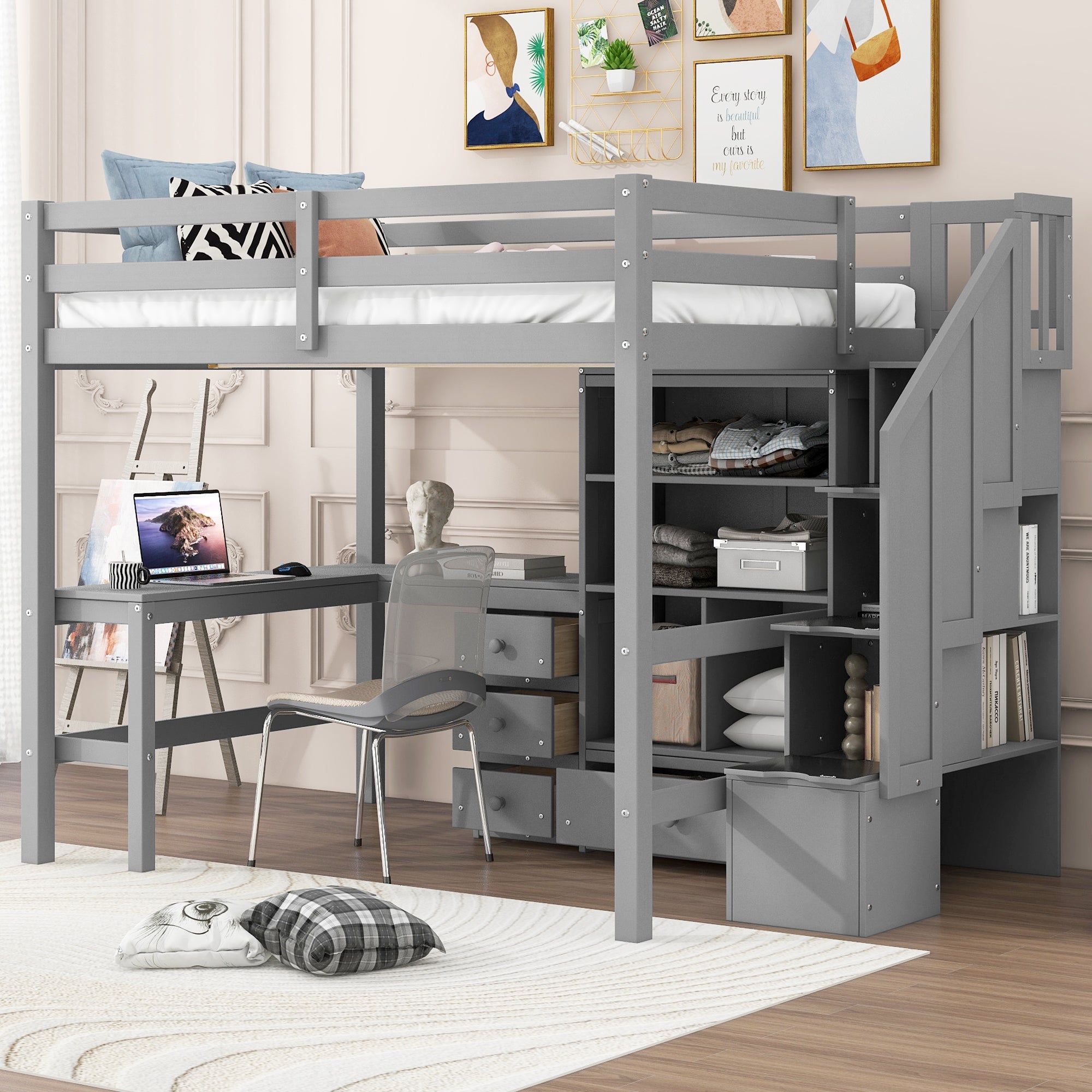 Full Size Loft Bed with L-Shaped Desk and Drawers